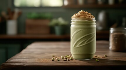 Creamy pistachio smoothie with nut butter, light green with a swirl of almond butter, served in a mason jar, set on a rustic kitchen table