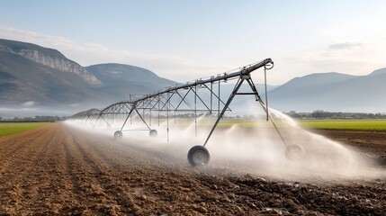 Irrigation system watering a large agricultural field in a sunny landscape
