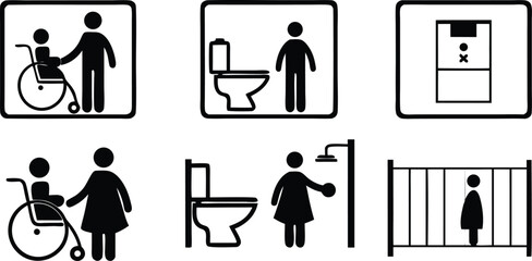 Accessibility Icons Set,Wheelchair, Restroom, and Family Friendly Symbols,medical assistance symbols,restroom and accessibility icon set,seating options,Eight minimalist restroom accessibility signs,