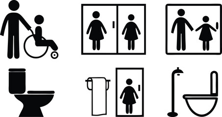 Accessibility Icons Set,Wheelchair, Restroom, and Family Friendly Symbols,medical assistance symbols,restroom and accessibility icon set,seating options,Eight minimalist restroom accessibility signs,