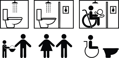 Accessibility Icons Set,Wheelchair, Restroom, and Family Friendly Symbols,medical assistance symbols,restroom and accessibility icon set,seating options,Eight minimalist restroom accessibility signs,