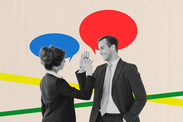 Banner sketch pop artwork collage of happy businesswoman businessman clap high-five gesture...