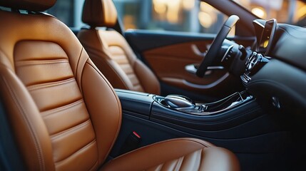 Interior view of a luxury car showing leather seats and sleek dashboard design during golden hour