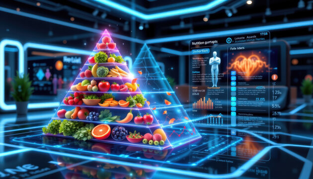 Vibrant digital food pyramid showcases variety of fruits and vegetables, emphasizing healthy nutrition. futuristic setting features glowing elements and informative data displays, creating