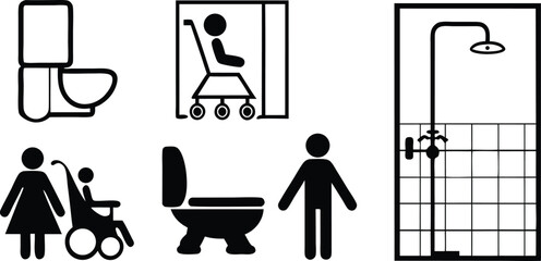 Accessibility Icons Set,Wheelchair, Restroom, and Family Friendly Symbols,medical assistance symbols,restroom and accessibility icon set,seating options,Eight minimalist restroom accessibility signs,