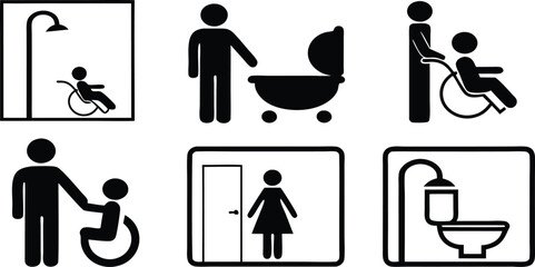 Accessibility Icons Set,Wheelchair, Restroom, and Family Friendly Symbols,medical assistance symbols,restroom and accessibility icon set,seating options,Eight minimalist restroom accessibility signs,