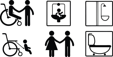 Accessibility Icons Set,Wheelchair, Restroom, and Family Friendly Symbols,medical assistance symbols,restroom and accessibility icon set,seating options,Eight minimalist restroom accessibility signs,