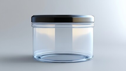 Clear glass jar with a black lid set against a simple background in a bright setting