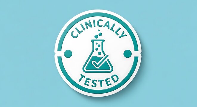 Teal and white clinically tested badge with flask image
