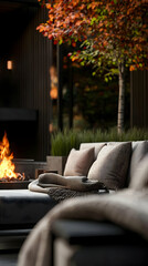 Cozy outdoor living space with fireplace, featuring fall foliage and comfortable seating.  Relaxing ambiance