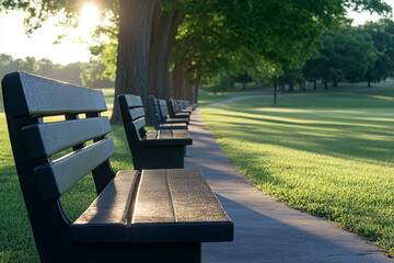Benches in a park during the golden hour surrounded by lush greenery