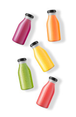 Vector top view illustration of glass bottles with organic juices or smoothies on white background. Summer vitamin drinks. Packaging mockup template. Healthy eating, detox and wellness lifestyle.