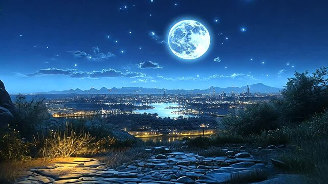 Serene night view of a city under a full moon