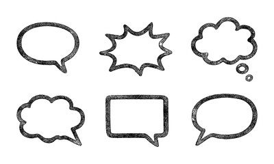 Grungy speech bubble icons with hand-drawn style for dynamic and expressive layouts. Use for comics, posters, informal presentations, or youth branding