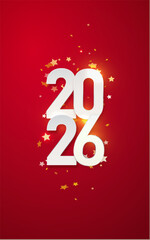 2026 gold metal number for New Year . Festive Christmas banner with falling confetti on bright background. Realistic Golden 3d number. Vector