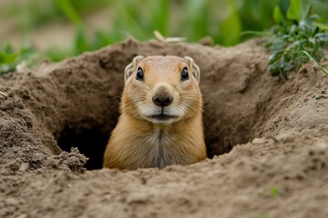 Fototapeta premium Curious prairie dog peeking out from sandy burrow entrance with adorable expression
