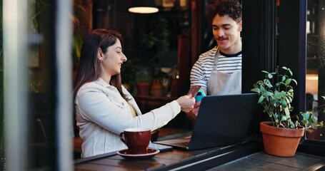 Woman, customer and waiter with POS machine or credit card in cafe for transaction or purchase. Female person, man and service with debit, laptop or easy pay for NFC, payment or bill in coffee shop - Powered by Adobe
