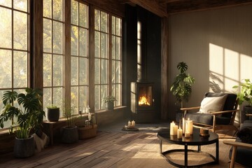 Cozy log cabin living room bathed in golden sunlight.  Large windows offer a view of autumnal trees