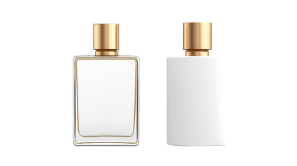 Two perfume bottles are arranged side by side, one clear with gold accents, and the other is opaque white with a gold cap.
