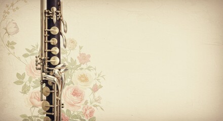 Bass Clarinet with Floral Background - Close-up of a bass clarinet against a vintage floral backdrop. Perfect for music, classical, or elegant themes