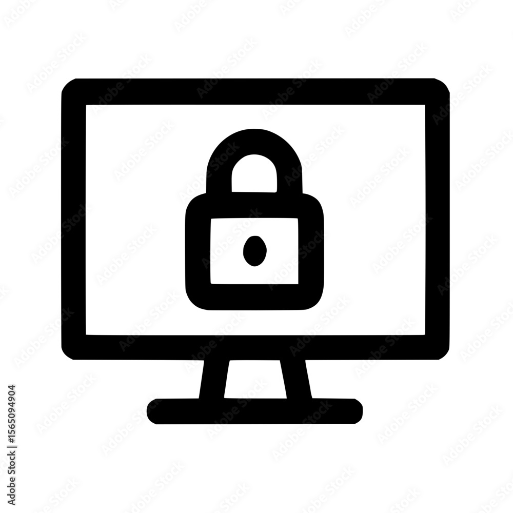 Poster simple line style monitor padlock security system computer icon design