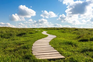 Serpentine Wooden Path Through Verdant Meadow Under a Bright, Cloudy Sky