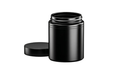 Open black plastic supplement bottle with a cap aside isolated on a transparent background.
