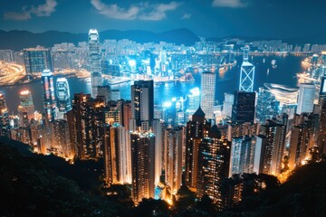 Fototapeta premium Hong Kong Nightscape: Dazzling Skyline from Victoria Peak, Vibrant City Lights and Architectural Marvels