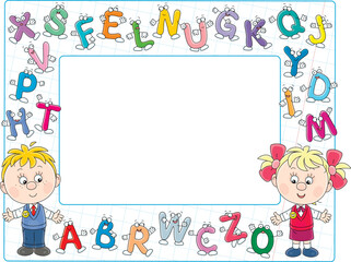 Frame with happy little schoolboy and schoolgirl first graders and funny cartoony letters from ABC book with alphabet for elementary school, vector illustration on a white background