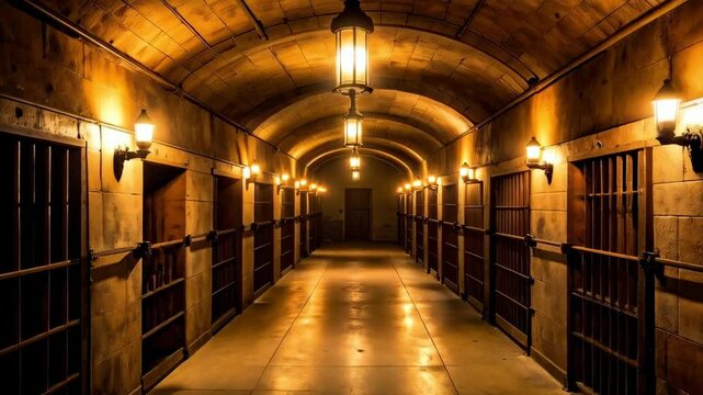 Endless prison corridor with arched ceiling, bars, and illuminated lanterns creating a somber atmosphere, reflecting light on stone tiles.