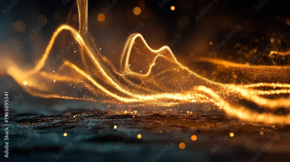 Poster glowing golden particles swirl dynamically in the air above a dark textured surface, creating a spar