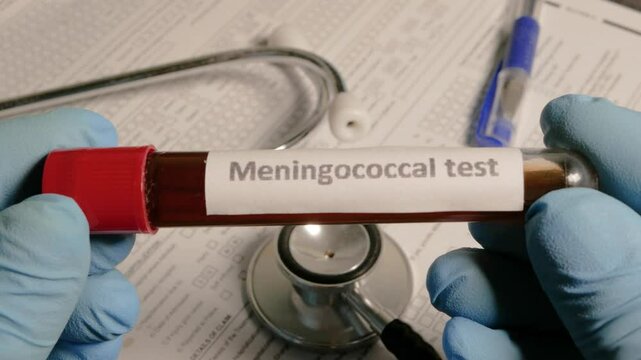 Doctor showing meningococcal test vial with blood sample