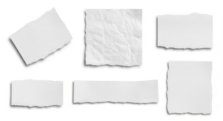 Collection of various torn pieces of blank stationery paper on a plain area