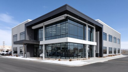 Modern data center office building features a striking glass facade and design