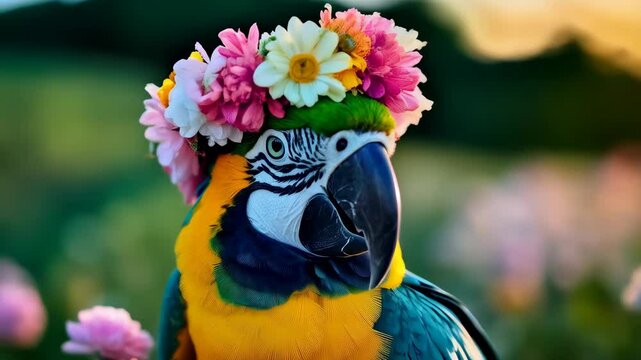 Close-up of a blue and yellow macaw parrot wearing a colorful flower crown in a field of daisies at golden hour