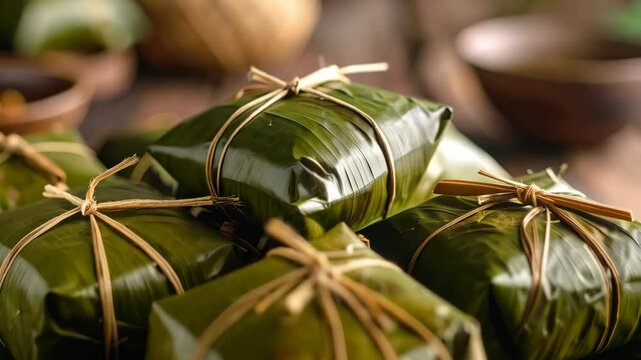 Delicious parcels of tamales wrapped in banana leaves and tied with twine displayed on a large green leaf in a rustic style.