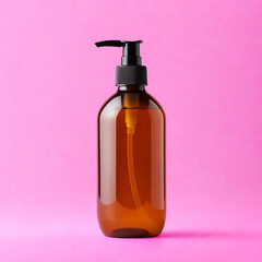 Amber Glass Pump Bottle Against a Vibrant Pink Background