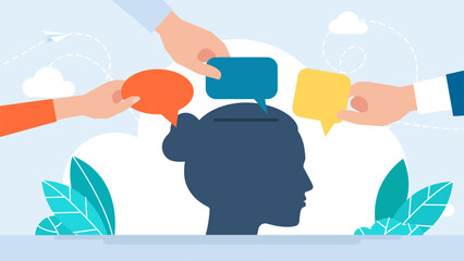 Thoughts enter the brain. Propaganda. Thinking and opinion of internal voice. Seeking answer. Flat cartoon style. The influence of others on a person's thinking. Vector illustration