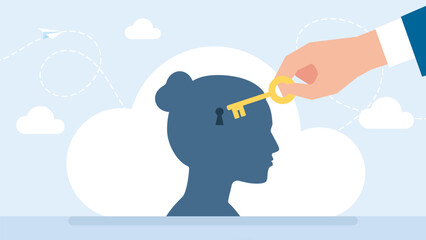 Unlock idea and explore potential, development of thinking. Man holding a key unlocking businesswoman mind, unlock and Read minds. Woman inserting key to keyhole of thought bubble. Vector illustration