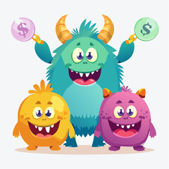 Obraz premium Friendly monster characters teaching about money