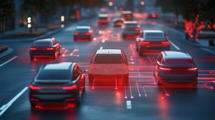 City street at night with connected cars