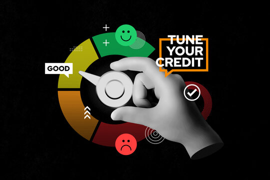 Credit Score Adjustment Concept - 3D Hand Tuning Credit Meter from Poor to Good