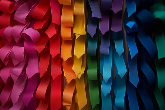 Assorted colored ribbons create a vibrant display in craft store