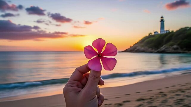 Beach sunset, flower, hope, serenity.