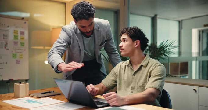 Business, people and talk with laptop in office for accounting, finance report and audit at night. Staff, team and advice with PC for payroll management, review budget and deadline for tax compliance