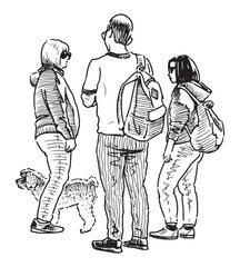 Three casual modern citizens with dog standing and talking outdoors, contour hand drawn vector illustration isolated on white background