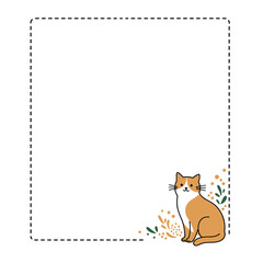 Square dashed border with a sitting orange cat with white markings and surrounding leaves and flowers in the lower right corner on white background, suitable for cozy or animal-themed visuals with cop