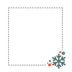 Obraz premium Square dashed border with a teal snowflake and festive dots in red and teal in the lower right corner on white background, suitable for winter holiday designs with copy space