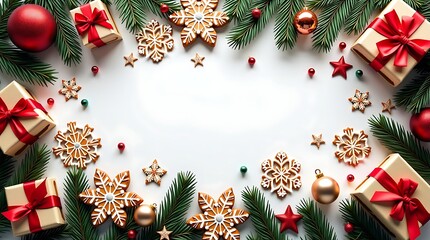 A hyper realistic image captures a Merry Christmas card with cheerful greetings, playful messages, and iconic holiday motifs, including intricate snowflake, charming gifts, and delightful ginger snack