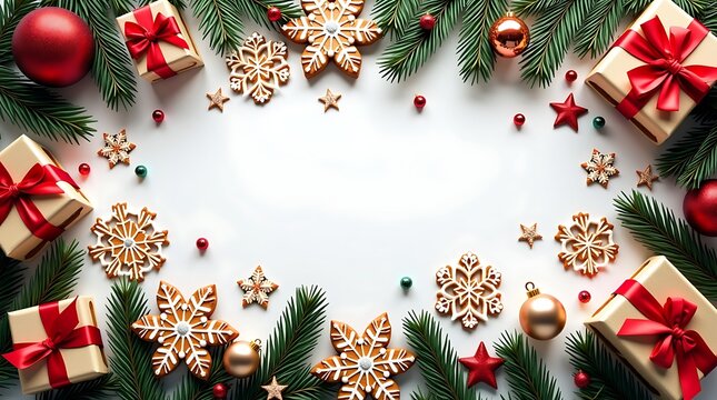 A hyper realistic image captures a Merry Christmas card with cheerful greetings, playful messages, and iconic holiday motifs, including intricate snowflake, charming gifts, and delightful ginger snack